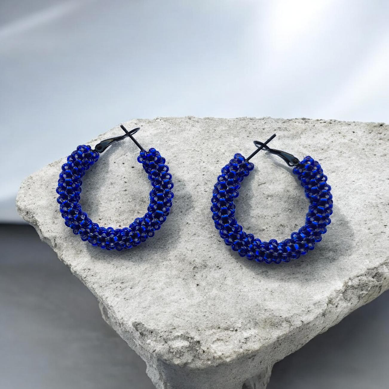 Beaded Blue Hoop Earrings - Large Statement Hoops