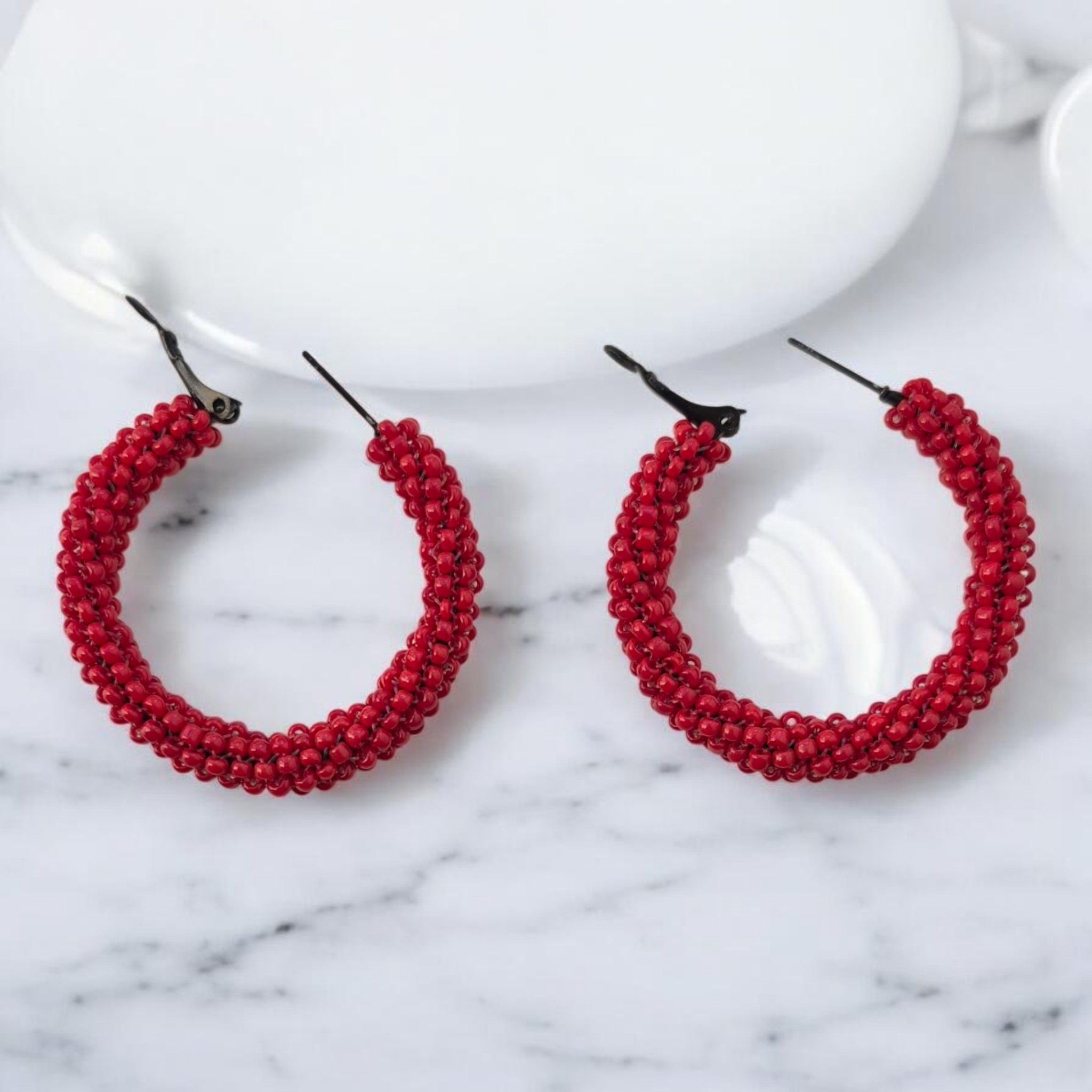 Beaded Red Hoop Earrings - Medium Size