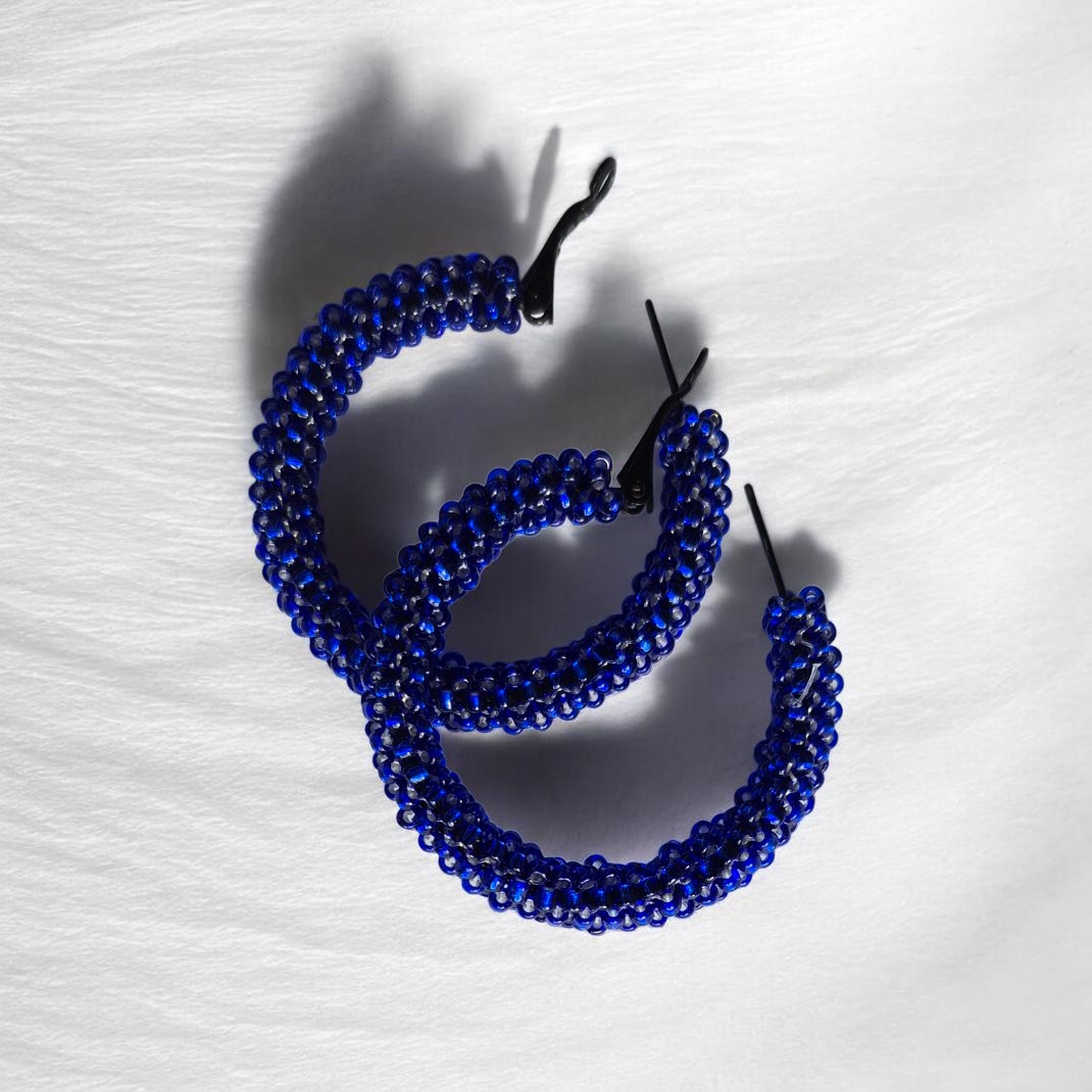 Beaded Blue Hoop Earrings - Handcrafted African Style