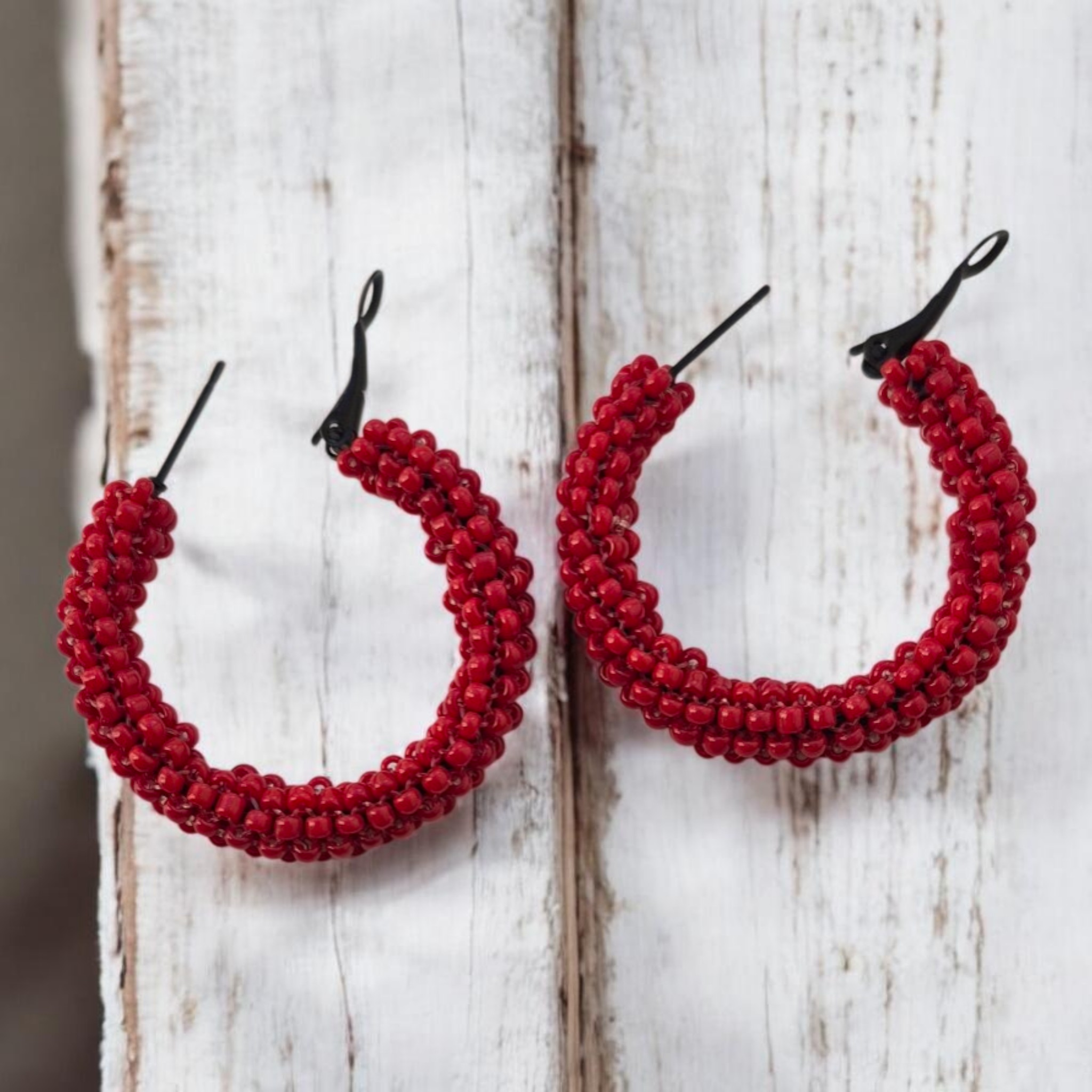 Beaded Red Hoop Earrings - Classic Design