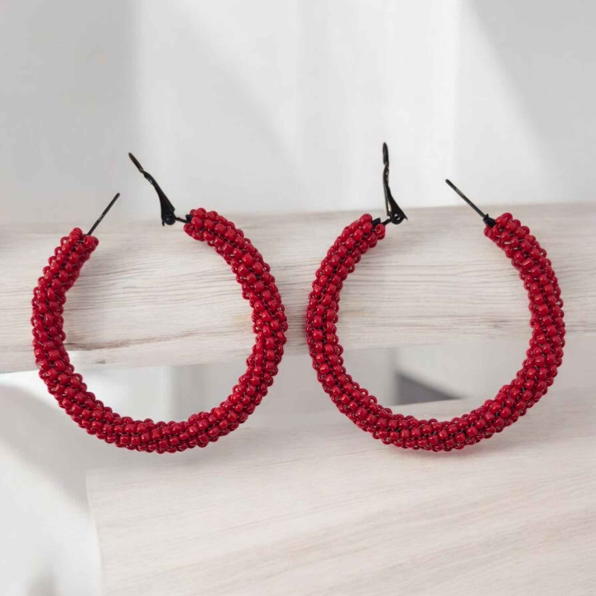 Beaded Red Hoop Earrings - Handcrafted African Style